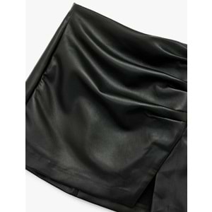 Drapeli Yırtmaçlı Suni Deri Mini Etek - 6WAK70007EW - SİYAH - 40