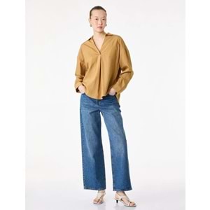 Modal Kumaş Uzun Kollu V Yaka Oversize Çizgili Gömlek 6SAK60158PW - KOTON - DEVE TÜYÜ - 36