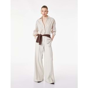 Pamuklu Regular Fit Uzun Kollu Düğmeli Çizgili Poplin Gömlek 6SAK60153PW - KOTON - BEJ ÇİZGİLİ - 38