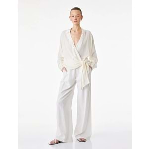 Viskon Gömlek Yaka Uzun Kollu Yandan Bağlama Detaylı Bluz 6SAK60216PW - KOTON - EKRU - 38