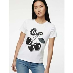 Kısa Kollu Bisiklet Yaka Arkası Kiraz Baskılı Oversize Tişört 6SAL10075IK - KOTON - EKRU - L