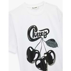 Kısa Kollu Bisiklet Yaka Arkası Kiraz Baskılı Oversize Tişört 6SAL10075IK - KOTON - EKRU - L