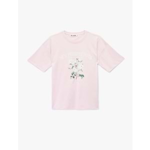 Kısa Kollu Bisiklet Yaka Pamuklu Çiçek Baskılı Oversize Tişört 6SAL10106IK - KOTON - PEMBE - S