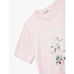 Kısa Kollu Bisiklet Yaka Pamuklu Çiçek Baskılı Oversize Tişört 6SAL10106IK - KOTON - PEMBE - S