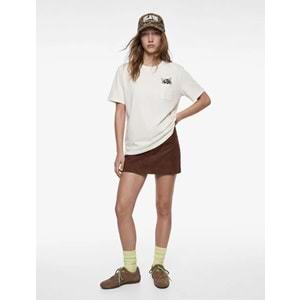 Cep Detaylı Bisiklet Yaka Kedi Nakışlı Oversize Tişört 6SAL10131IK - KOTON - EKRU - XS