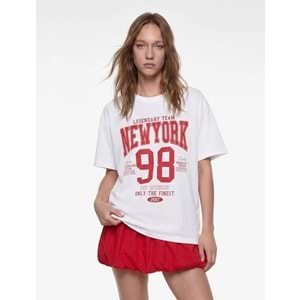 Pamuklu Kısa Kollu Bisiklet Yaka Baskılı Oversize Tişört 6SAL10084IK - KOTON - EKRU - XL