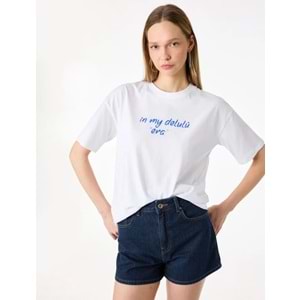 Rahat Kalıp Kısa Kollu Bisiklet Yaka Pamuklu Baskılı Tişört 6SAL10677IK - KOTON - EKRU - L