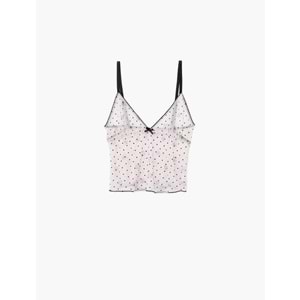 Puantiyeli V Yaka Slim Fit Fiyonklu Tüllü Crop Pijama Üstü - 7WLK90004MK
