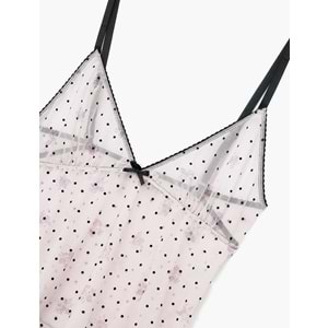 Puantiyeli V Yaka Slim Fit Fiyonklu Tüllü Crop Pijama Üstü - 7WLK90004MK