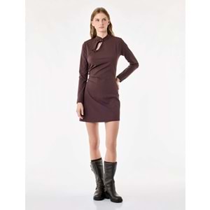 Pencere Detaylı A Kesim Qipao Yaka Fiyonklu Uzun Kollu Krep Mini Elbise - 7WAL80033IK