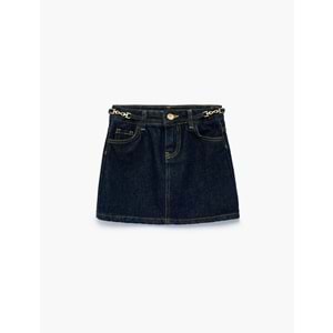 Kız Çocuk Cepli Kemer Detaylı A Kesim Pamuklu Bol Kalıp Denim Etek - 7WKG70004AD