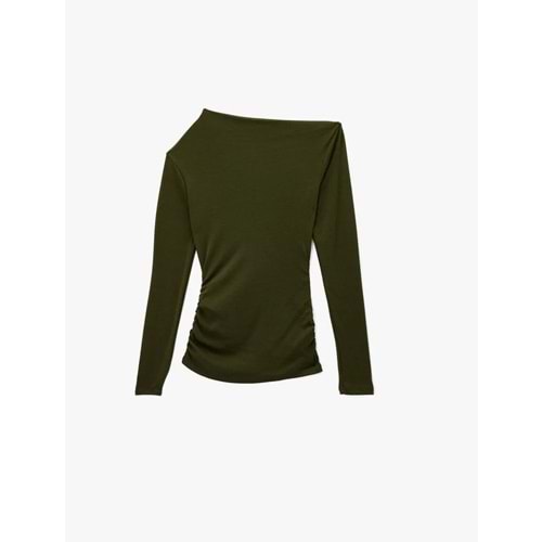 Kadın Giyim Slim Fit Drapeli Asimetrik Yaka Uzun Kollu Tişört 6WAK50336EK