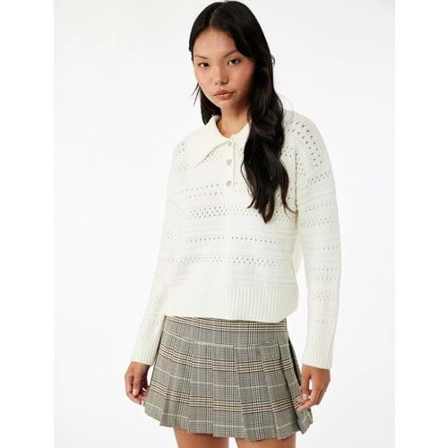 Kadın Giyim Ajurlu Uzun Kollu Taşlı Düğmeli Polo Yaka Triko Kazak 6WAL90122HT