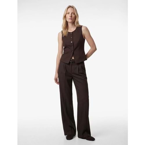 Kadın Giyim Viskon Karışımlı Düğmeli Bisiklet Yaka Slim Fit Kolsuz Yelek - KOTON - 6SAK20027PW - KAHVERENGİ - 34