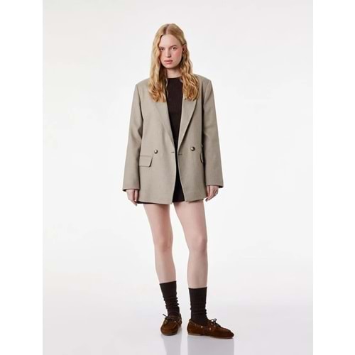 Kadın Giyim Uzun Kollu Viskon Karışımlı Düğmeli Cepli Kruvaze Yaka Blazer Ceket - KOTON - 6SAK50052UW - VİZON - 34