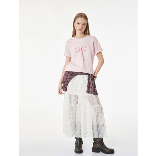 Kadın Giyim Kısa Kollu Bisiklet Yaka Pamuklu Fiyonk Baskılı Tişört 6SAK50065EK