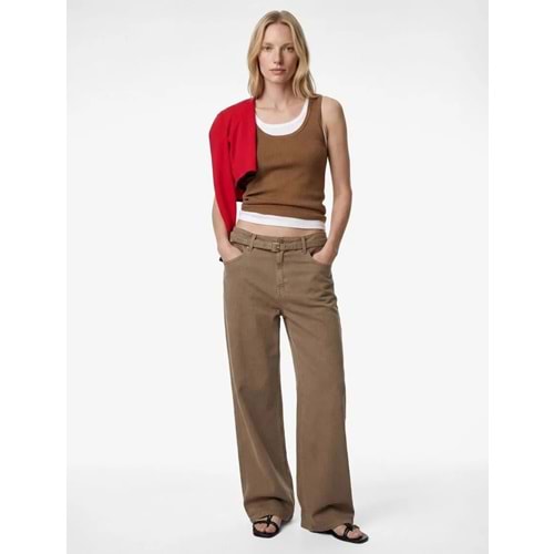 Kadın Giyim Yüksek Bel Kemerli Geniş Paça Pantolon - Wide Leg Jeans - KOTON - 6SAL40060MW - KAHVERENGİ - 34