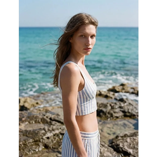 Keten Karışımlı Slim Fit U Yaka Askılı Çizgili Crop Büstiyer 6SAK30026EW - KOTON - MAVİ ÇİZGİLİ - 40