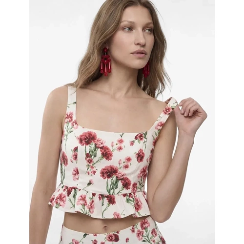 Viskon Kumaş Slim Fit Kare Yaka Kalın Askılı Çiçekli Crop Bluz 6SAK30099EW - KOTON - PEMBE DESENLİ - 36