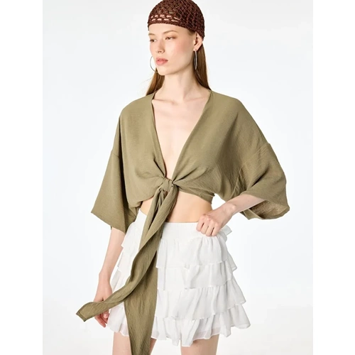 Kısa Kollu Kruvaze Yaka Bağlamalı Crop Oversize Kimono 6SAL50004IW - KOTON - HAKİ - 36