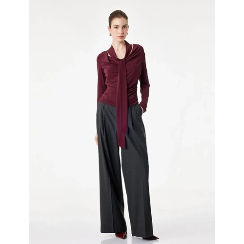 Slim Fit Uzun Kollu Şal Detaylı Drapeli Degaje Yaka Bluz 7WAK10009PK - KOTON - BORDO - S