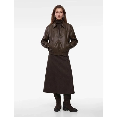 Metalik İplik Detaylı Parıltılı Normal Bel Regular Fit Çizgili Midi Etek 7WAK10034EK - KOTON - KAHVERENGİ ÇİZGİLİ - XS