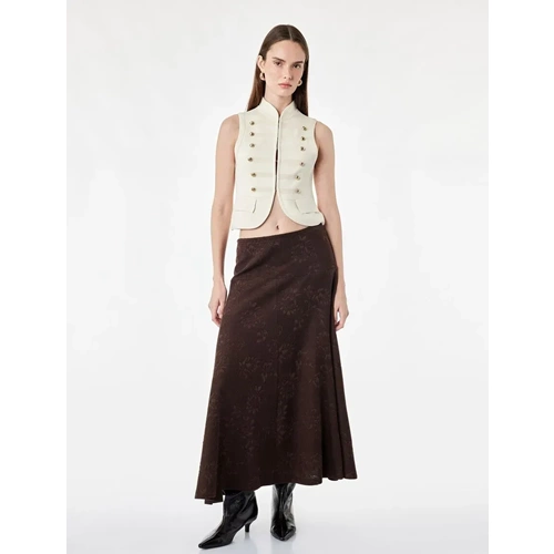 Pileli Floral Dokulu Midi Kloş Midi Etek 7WAK10081EK - KOTON - KAHVERENGİ - S