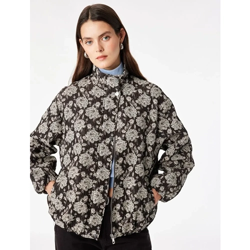 Dik Yaka Çiçek Desenli Bomber Ceket 7WAK20307EW- KOTON - KAHVERENGİ DESENLİ - 38