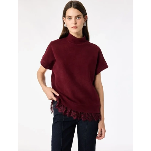 Kolsuz Dantel Detaylı Dik Yaka Bluz 7WAK30038EK - KOTON - BORDO - S