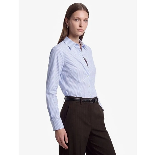Klasik Yaka Düğmeli Çizgili Poplin Gömlek 7WAK60021UW - KOTON - MAVİ ÇİZGİLİ - 38
