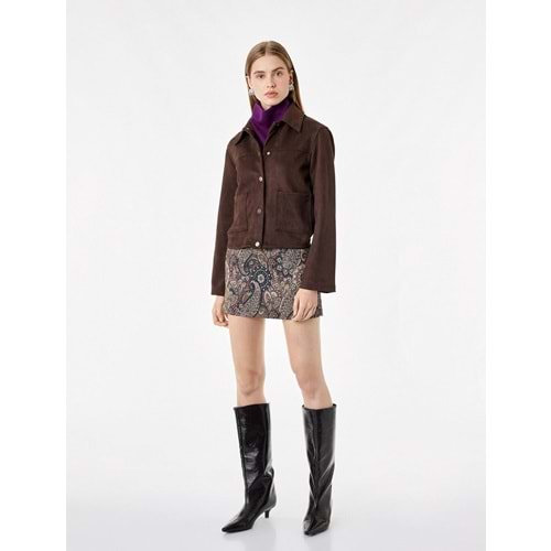 Zincir Aksesuarlı Kruvaze Midi Etek 7WAK70047EW - KOTON - BORDO DESENLİ - 42