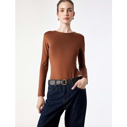 Bisiklet Yaka Uzun Kollu Bodysuit 7WAK80003EK - KOTON - KAHVERENGİ - S