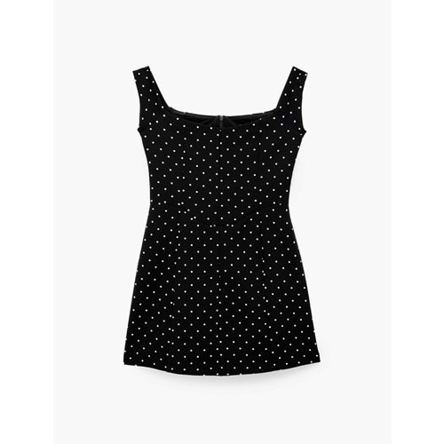Kare Yaka Kolsuz Mini Abiye Elbise 7WAK80019FW - KOTON - Siyah Desenli - 36