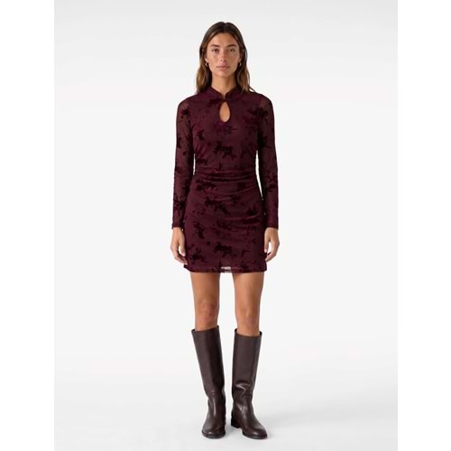Dik Qipao Yaka Çiçekli Tül Mini Elbise 7WAK80019PK - KOTON - BORDO - XS