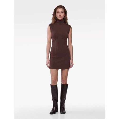 Slim Fit Kolsuz Dik Yaka Mini Elbise 7WAK80065EK - KOTON - KAHVERENGİ - XS