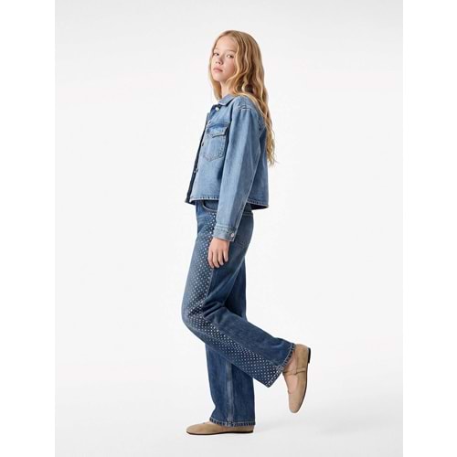 Taşlı Geniş Paça Denim Pantolon 7WKG40055AD - KOTON - ORTA İNDİGO - 6-7