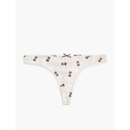 Fiyonklu Pamuklu Ayıcık Baskılı String Külot 7WLK30067MK - KOTON - EKRU DESENLİ - L