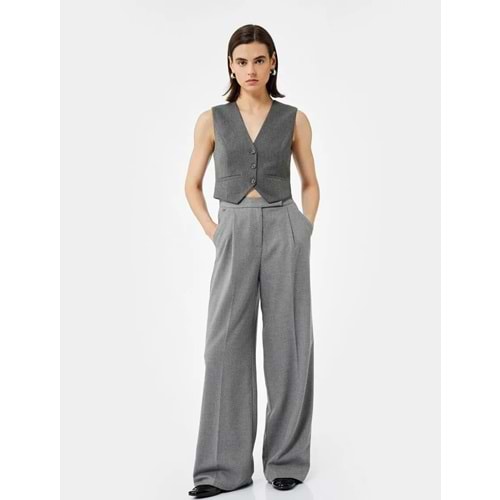 Kadın Giyim Cepli Pile Detaylı Yüksek Bel Geniş Paça Baggy Kumaş Pantolon