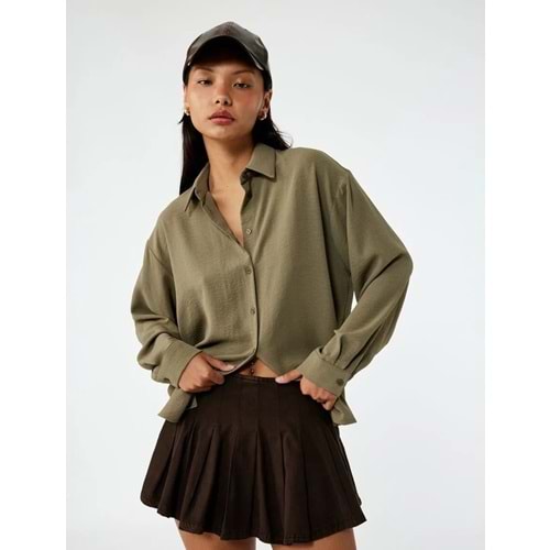 Kadın Giyim Aerobin Kumaş Düğmeli Klasik Yaka Uzun Kollu Oversize Gömlek