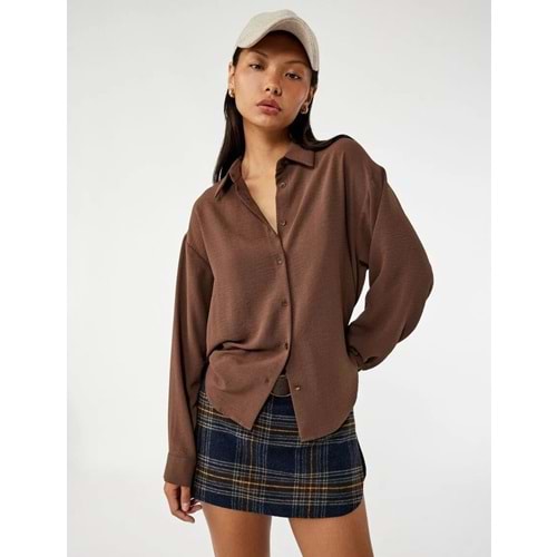 Kadın Giyim Aerobin Kumaş Düğmeli Klasik Yaka Uzun Kollu Oversize Gömlek