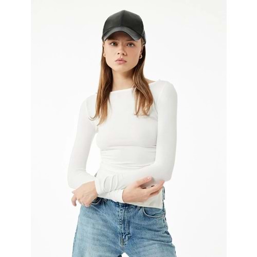 Kadın Giyim Kayık Yaka Drapeli Slim Fit Viskon Karışımlı Yırtmaçlı Uzun Kollu Tişört