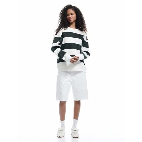 Kadın Giyim Üç İplik Şardonlu Çizgili Bisiklet Yaka Sweatshirt