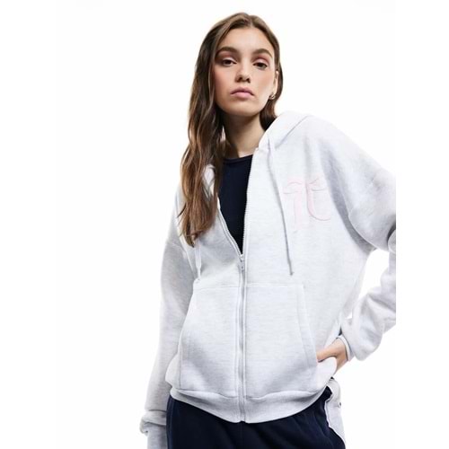 Kadın Giyim Şardonlu Kanguru Cepli Kapüşonlu Fiyonklu Arkası Baskılı Fermuarlı Oversize Sweatshirt