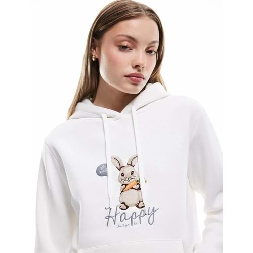 Kadın Giyim Üç İplik Şardonlu Nakış Detaylı Kanguru Cepli Kapüşonlu Sweatshirt