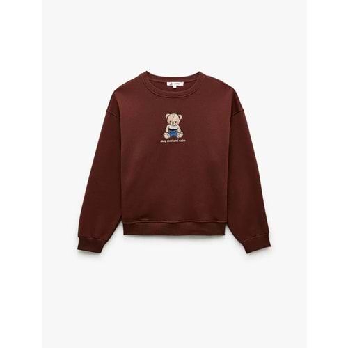 Kadın Giyim Ayıcık Nakışlı Şardonlu Uzun Kollu Bisiklet Yaka Oversize Sweatshirt