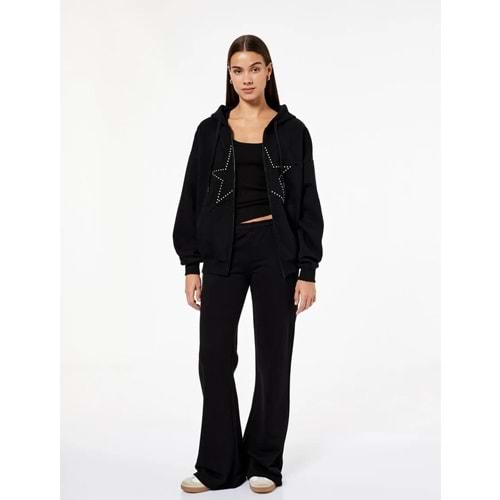 Kadın Giyim Şardonlu Arkası Baskılı Sweatshirt Kapüşonlu Rahat Kalıp