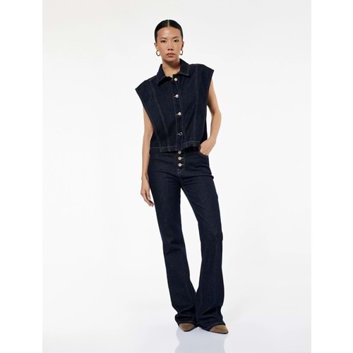 Kadın Giyim Klasik Yaka Dikiş Detaylı Pamuklu Düğmeli Denim Yelek - KOTON - 6WAL20018MD - KOYU İNDİGO - 42