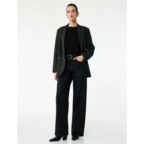 Kadın Giyim Yüksek Bel Pamuklu Düğmeli Geniş Paça Jean Pantolon - Wide Leg Jeans