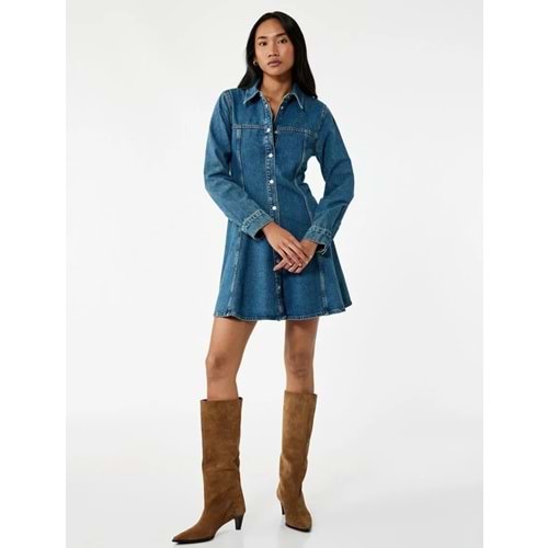 Kadın Giyim Pamuklu Uzun Kollu Klasik Yaka Düğmeli Volanlı Mini Denim Elbise