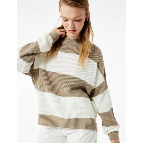 Kadın Giyim Uzun Kollu Bisiklet Yaka Renk Bloklu Triko Kazak